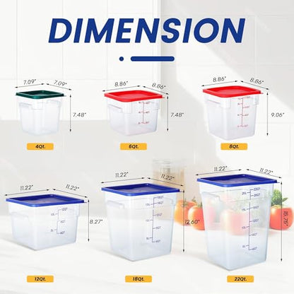 4 Pack 12 Qt Square Polycarbonate Food Storage Containers with Lids | Clear BPA-free PC with lids, side handles, measurement scale and stackable design; for food prep, storage and freezer use. - color: 12Qt