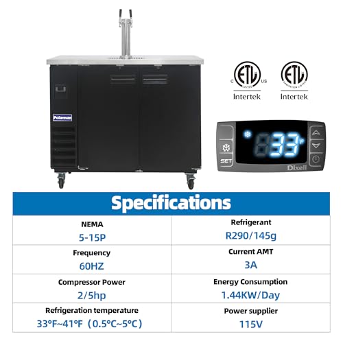 Polarman Commercial Beer Kegerator Double Tap Draft Beer Dispenser 2 Door Beer Dispenser for Bars and Restaurants 49” W Keg Refrigerator With 2 Coupler, 33°F- 41°F Temperature Control-Direct Draw - size: 49"W Double Tap