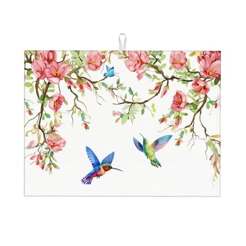 Hummingbird Butterfly Magnolia Dish Drying Mat For Kitchen Counter, Super Absorbent Microfiber Dish Drying Pad, Kitchen Gadgets For Easy Clean Multi-Use Large 18"x24" - color: Hummingbird Butterfly Magnolia