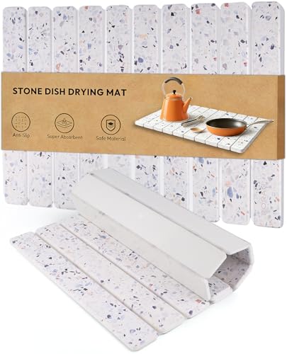 Stone Drying Mat for Kitchen Counter, 24"(L)×16"(W), Drying Matt Kitchen Counter, Quick Dry Stone Dishes Mats, Foldable Diatomaceous Earth Mat (Petal Terrazzo) - color: Petal Terrazzo