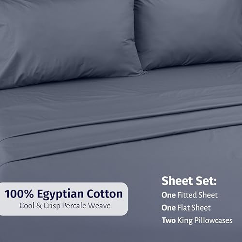 California Design Den King Sheet Set - Certified 100% Egyptian Cotton Percale Sheets King with Deep Pockets, Lightweight & Crisp, Durable Luxury Bedding Set - Mineral Blue (Grey Tone) - color: Mineral Blue (Grey Tone), size: King