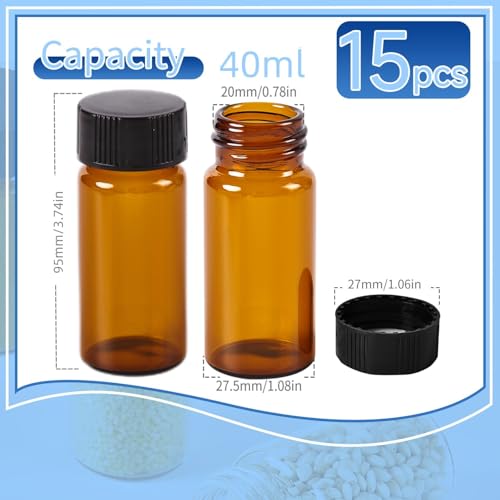 15 PCS 40ML Amber Small Liquid Sample Glass Vials with Screw Caps,27.5x95mm Leak-Proof Vial, 24-400 Black Screw Cap with PE Liners for Lab, Essential Oil, Perfume, Reagents - size: 40ML(27.5*95mm）