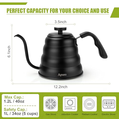 Tea Kettle with Thermometer,Black Gooseneck Coffee Kettle Pot Stovetop,40oz | Stovetop Tea Kettle,Teapot Pour Over Kettle,1200ml,6 Cup, 1Pack - color: Black (with Thermometer), size: 1.3 Quarts