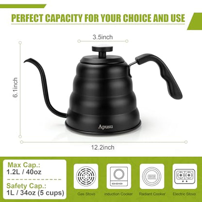 Tea Kettle with Thermometer,Black Gooseneck Coffee Kettle Pot Stovetop,40oz | Stovetop Tea Kettle,Teapot Pour Over Kettle,1200ml,6 Cup, 1Pack - color: Black (with Thermometer), size: 1.3 Quarts