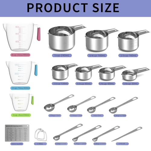 Stainless Steel Measuring Cups and Spoons Set, 6 Stainless Steel Measuring Cups, 7 Measuring Spoons & 1 Leveler, 3 Plastic Measuring Cup with 1 Measuring Conversion Chart - color: Sliver-Round Measuring Spoons and Cups Set