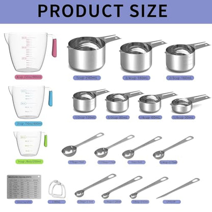 Stainless Steel Measuring Cups and Spoons Set, 6 Stainless Steel Measuring Cups, 7 Measuring Spoons & 1 Leveler, 3 Plastic Measuring Cup with 1 Measuring Conversion Chart - color: Sliver-Round Measuring Spoons and Cups Set