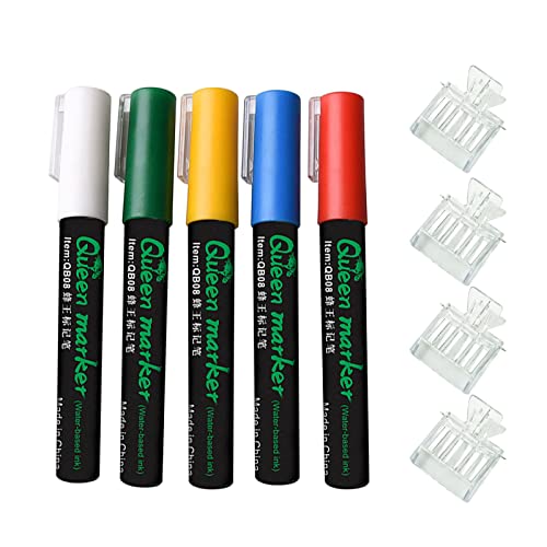 Queen Bee Marking Kit - 5 Standard Colors Marker Pen Set with 4 Clear Plastic Queen Catcher Clips, Safe Gentle Queen Bee for Beekeeping Beginners