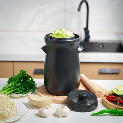 Fermentation Crock 3.8Liter/1 Gallon Stoneware Pot for Fermenting, Pickling Kimchi, Pickles, Vegetables, Kombucha - Glazed Fermenter with Stone Weights, Lid & Pickle Tamper-Black Crock - color: Black