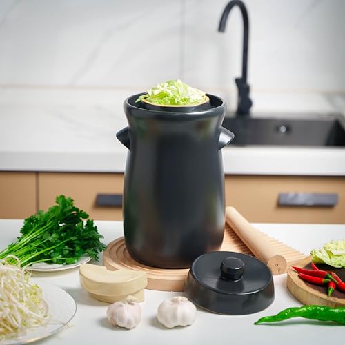 Fermentation Crock 3.8Liter/1 Gallon Stoneware Pot for Fermenting, Pickling Kimchi, Pickles, Vegetables, Kombucha - Glazed Fermenter with Stone Weights, Lid & Pickle Tamper-Black Crock - color: Black