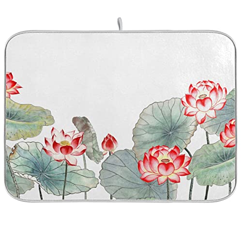 Absorbent Dish Drying Mat for Kitchen Counter - Watercolor Lotus Microfiber Drying Pad, Reversible Drainer Mats for Countertop, Small 16" x 18" - color: Watercolor lotus 47, size: 16x18(in)x1