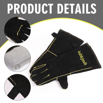 Fireplace Gloves Fire Heat Resistant: Fireproof Leather for Fireplace Fire Pit Wood Stove Campfire Furnace (L) - color: Black, size: Large