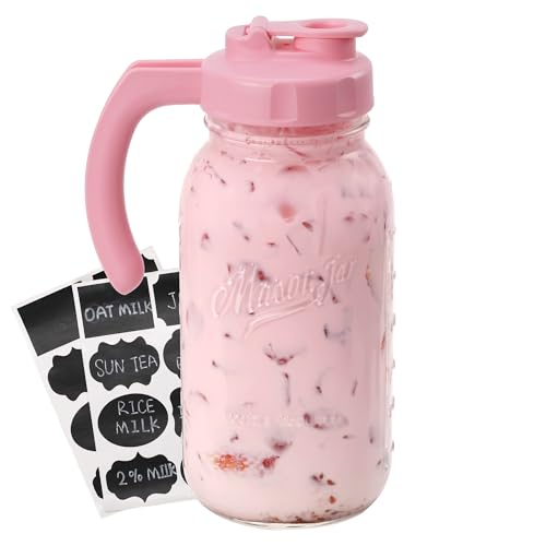 Soligt Glass Mason Jar Pitcher with Lid, Wide Mouth Flip Cap Pour Spout Leak-proof Lid with Handle, 64 oz (2 Quart / 1.9 Liter), for Iced Coffee/Sun Tea Juice/Cold Brew Coffee/Milk (1Pack, Taffy Pink) - color: Taffy Pink