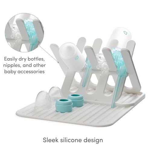 Munchkin Bottle Drying Rack and Mat, Holds 8 Bottles, Pump Parts, Pacifiers, & Accessories, Space Saving Folding Design, Home and Travel Use, Silicone, White