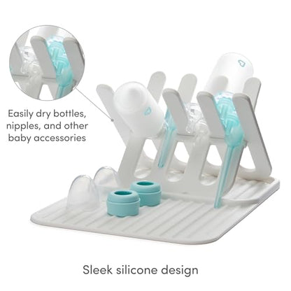 Munchkin Bottle Drying Rack and Mat, Holds 8 Bottles, Pump Parts, Pacifiers, & Accessories, Space Saving Folding Design, Home and Travel Use, Silicone, White
