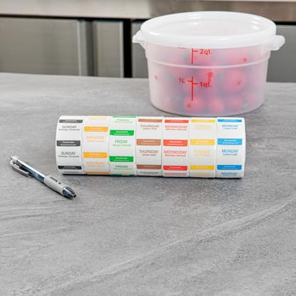 Restaurantware RW Smart 1 Inch x 1 Inch Food Rotation Labels 3500 Dissolvable Food Safety Labels - Premium Trilingual Paper Day Of The Week Labels For Food Storage Or Prep Weekly - style: 7-Day