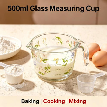 Glass Measuring Cup with Handle & Pour Spout, 500ml Glass Decorative Measuring Beaker Cup with Precise Markings, Floral Print Measuring Cup for Baking, Cooking, Mixing (Microwave & Dishwasher Safe)