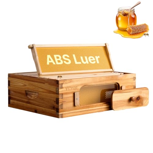 VEVOR 10 Frame Medium Super Bee Hive Box, Bee Box Dipped in 100% Beeswax, Langstroth Beehive Kit with 10 Frames and Foundations and Transparent Acrylic Windows for Beekeeping Supplement - size: Medium Super Box