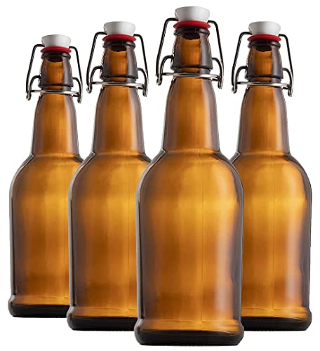 Chef's Star 16 Oz Empty Beer Bottles, Swing Top Glass Bottles, Flip Top Glass Bottle with Caps, Fermentation Home Brewing Kombucha Beer and Coquito, Amber, Set of 4