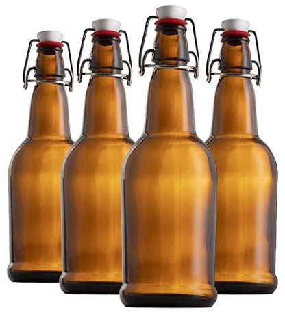 Chef's Star 16 Oz Empty Beer Bottles, Swing Top Glass Bottles, Flip Top Glass Bottle with Caps, Fermentation Home Brewing Kombucha Beer and Coquito, Amber, Set of 4