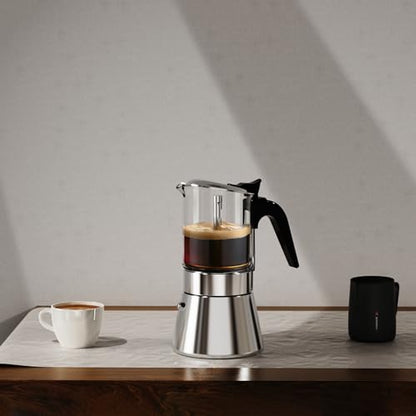 SIXAQUAE Moka Induction Stovetop Espresso Maker,Crystal Glass-top & Stainless Steel Espresso Moka Pot,Classic Italian coffee maker,240ml(6cup) - size: 240 ml - Standard