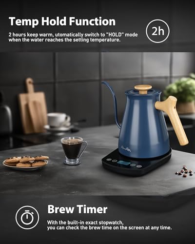 Harriet Gooseneck Electric Kettle - 1200W Fast Heat, 0.8L Stainless Steel, Precision Temp Control & Timer, Wood Handle, Pour Over Coffee and Tea, Blue - color: Blue