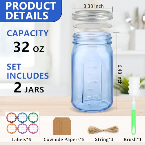 CARBLIN 2 Pack Mason Jars 32 oz, Blue Wide Mouth Canning Jars with Airtight Lids, Glass Pint Jars with Bands Labels Brush, Large Storage Quart Jars for Jam Fermenting Preserving - color: Blue