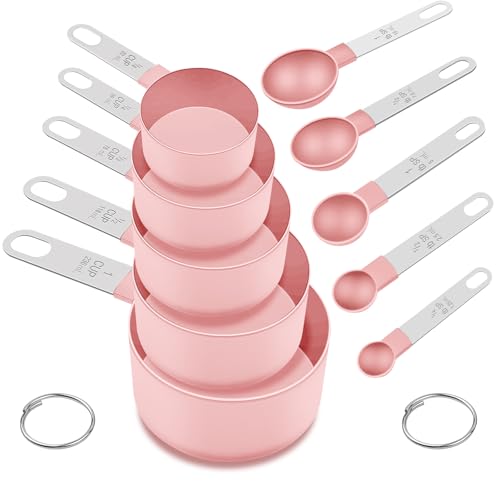 Measuring Cups and Spoons Set, 10 Pieces Nesting Measure Tools, Kitchen Essentials Gadgets with Stainless Steel Handle for Dry & Liquid Ingredient, Pink - color: Pink 10 Pcs