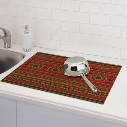Tribal Pattern Dish Drying Mat Ethnic Geometric African Stripes Red Drying Rack Pad Countertop Dishes Ultra Absorbent Microfiber Kitchen Counter Mat 18x24 Inch - color: Red Brown