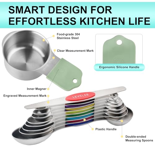 RUNZI 16 Pcs Magnetic Measuring Cups and Spoons Set,Stackable Metal Measure Cup for Measuring Dry and Liquid Ingredients,Kitchen Dry Food, Cooking Baking Measurements,Silvery - color: Silvery-16pcs