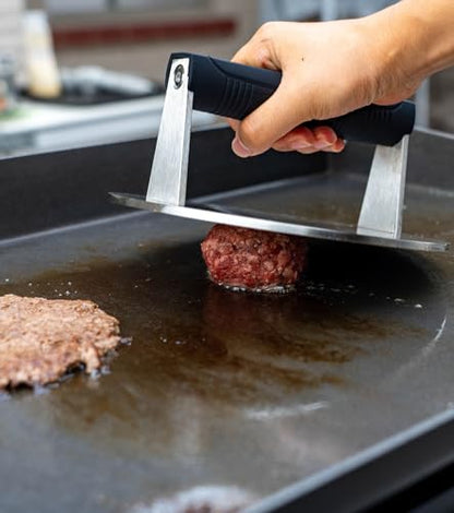Stainless Steel Burger Smasher 3.25 LB – 8 Inch Steak Weight for Smash Burgers, Bacon, Sandwiches | Dishwasher Safe, Preheatable Protein Press with Silicone Handle | Commercial BBQ Tool - size: Φ8"
