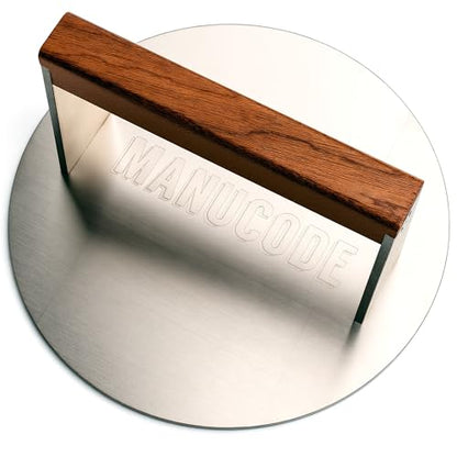 Smash Burger Press 8 Inch, 3.1 Lb Burger Smasher, Heatable for Searing Panini, Steak, Chicken, Salmon, Stainless Steel Bacon Press, Flat Bottom, Seasoning Free, Wooden Handle No Spin - size: 8"