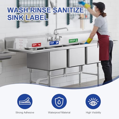 Magicfour Wash Rinse Sanitize Sink Labels, 10 Pack 3 Compartment Sink Waterproof Sticker Signs for Wash Station, Commercial Kitchens, Restaurant, Food Trucks, Busing Stations, Dishwashing - size: 10Pcs Sink Labels 9”x3“