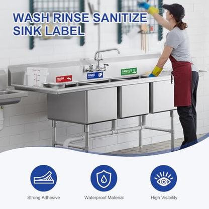 Magicfour Wash Rinse Sanitize Sink Labels, 10 Pack 3 Compartment Sink Waterproof Sticker Signs for Wash Station, Commercial Kitchens, Restaurant, Food Trucks, Busing Stations, Dishwashing - size: 10Pcs Sink Labels 9”x3“