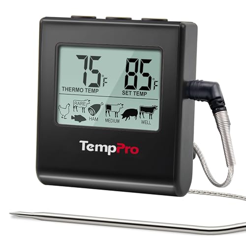 TempPro TP16 Large LCD Digital Meat Thermometer for Cooking, Smoking, Grilling, BBQ Food Temperature Indicator with Clock Timer and Stainless Steel Probe, Black(Previously ThermoPro) - color: Pure Black