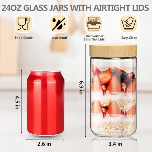 TBWIND 4 Pack 24oz Glass Jars with Bamboo Lids, Spoons, Airtight Overnight Oats Containers, Wide Mouth Mason Jars, Food Storage Container for Yogurt Salad Snacks Spice Sugar Meal Prep – Reusable - color: 24oz-Natural Lids-4 Spoon