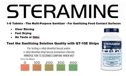 2 Bottles Steramine Sanitizer Tablets - 15x QT-10 Test Strip - Multi Purpose Steramine Sanitizing Tablets for Food Contact Surface in Kitchen, Restaurant & Food Service by FryOilSaver Co. (300 Count)