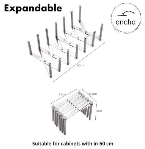 oncho Dish and Lid Drying Storage, Stainless Steel, 6 Adjustable Compartments for Kitchen Cabinets - Expandable, Adjustable and Minimalist Design (14.5x10 cm, Silver)