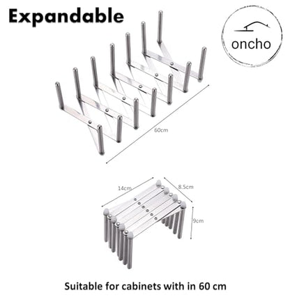 oncho Dish and Lid Drying Storage, Stainless Steel, 6 Adjustable Compartments for Kitchen Cabinets - Expandable, Adjustable and Minimalist Design (14.5x10 cm, Silver)