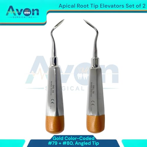 No. 79 & No. 80 Apical Root Tip Pick Elevator, Angled Tip, Hollow Gold Color Handle | Autoclave Safe German Stainless Steel Instruments (Set of 2)