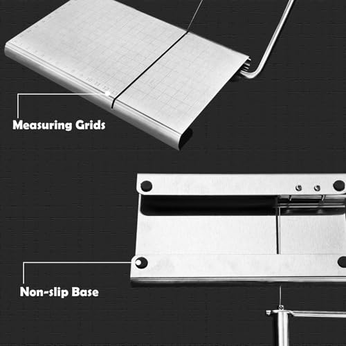 Cheese Slicer with Cutting Board and Measuring Grid, Adjustable Stainless Steel Wire Cheese Cutter for Block Cheese, Includes 5 Replacement Wires, Easy to Clean and Use