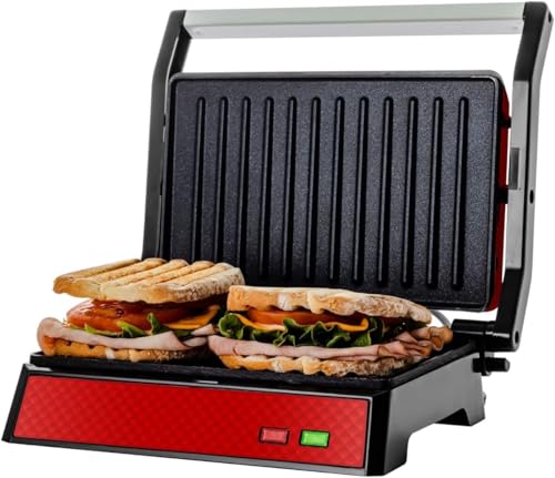 OVENTE Electric Indoor Panini Press Grill and Sandwich Maker with Non-Stick Coated Plates, Cool-Touch Handle and Removable Drip Tray, Opens 180 Degrees to Fit Any Type or Size of Food, Red GP0620R - color: GP0620R