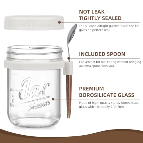 6 Pack Overnight Oats Containers with Lids and Spoons, 16 oz Glass Mason Overnight Oats Jars, Large Capacity Airtight Jars for Milk, Cereal, Fruit(White) - color: White
