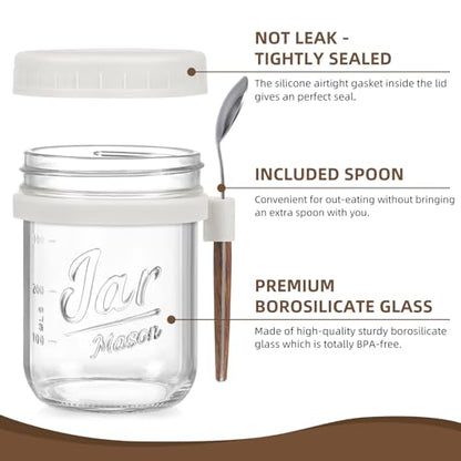 6 Pack Overnight Oats Containers with Lids and Spoons, 16 oz Glass Mason Overnight Oats Jars, Large Capacity Airtight Jars for Milk, Cereal, Fruit(White) - color: White