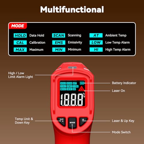 Wintact Laser Infrared Thermometer Gun, -58°F to 1112°F Surface Heat Temperature Gun, Non-Contact Digital Thermometer for Kitchen Cooking Food, Pizza Oven, BBQ, Griddle, Soap Making, HVAC