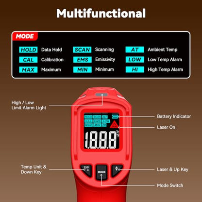 Wintact Laser Infrared Thermometer Gun, -58°F to 1112°F Surface Heat Temperature Gun, Non-Contact Digital Thermometer for Kitchen Cooking Food, Pizza Oven, BBQ, Griddle, Soap Making, HVAC