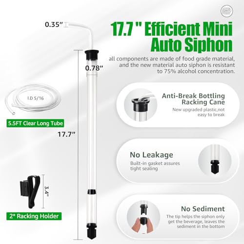 17.7” Long Auto Siphon-3/8” Racking Cane, Homebrew Wine Siphon Pump with 5.5FT Tubing & Auto Siphon Clamp, Effortless Bottling Fermentation Siphoning Mead Wine Making Kit