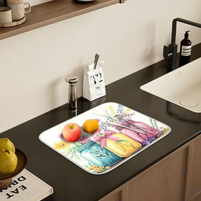 Mason Jar Flower Dish Drying Mat Dishes Pad Absorbent Fast Dry Dish Drainer Mat Protector for Kitchen Counter 18x14 Inches - size: 18" x 24"