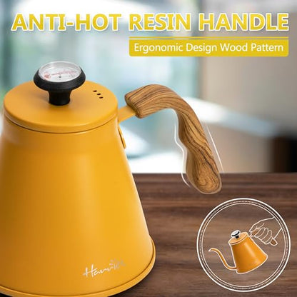 Harriet Gooseneck Kettle with Thermometer for Pour Over Coffee and Tea, 37 fl oz, Stainless Steel, Durable 3-Layer Base, Ideal Spout for Precision Pouring, Compatible with all Stove Tops, Yellow - color: Yellow