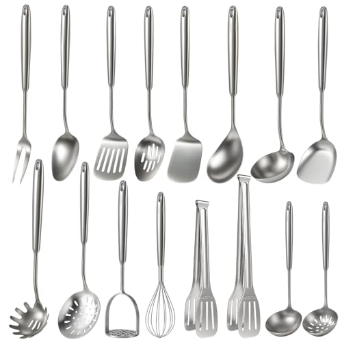 Newness 16 Pcs Cooking Utensils Set, 304 Stainless Steel Kitchen Utensils Set, Metal Kitchen Accessories, Include Soup Ladle, Slotted Skimmer Spoon, Spaghetti Spoon and Spatula, Dishwasher Safe - size: 16 PCS Cooking Utensils Set