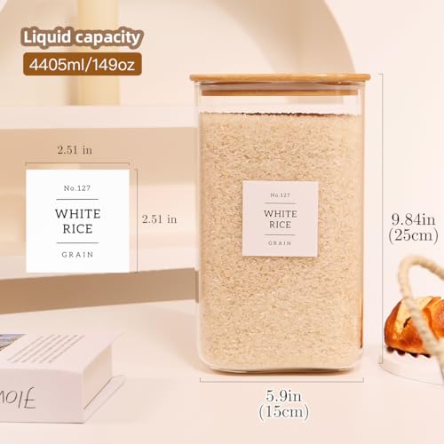 2 Pack large Square Glass Flour and Sugar Containers with 132 Kitchen Pantry Labels - Thicken 149 floz Glass Storage Jars with Airtight Bamboo Lid - Big Rice Canisters for Coffee, Pasta, Cereal - size: 149oz-2pack